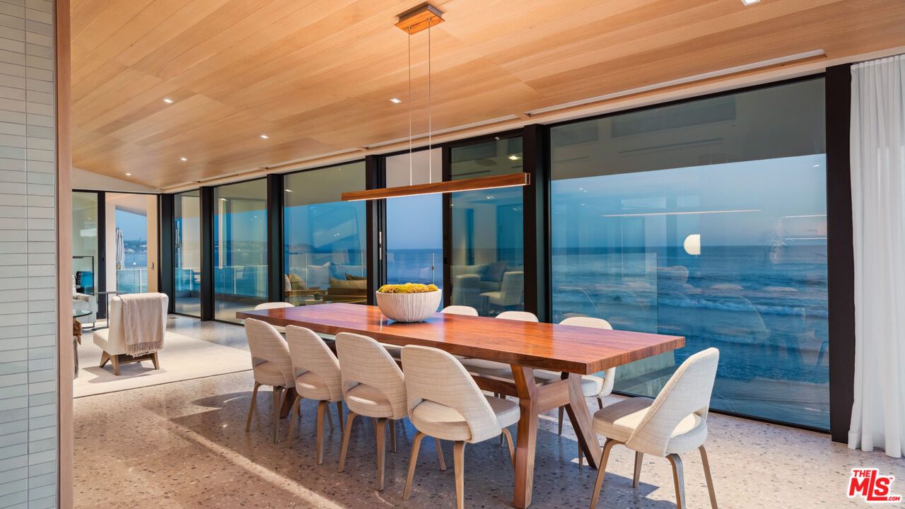Dining room, Interior, Pendant Lights, Recessed Lighting, Water, Wooden Ceilings