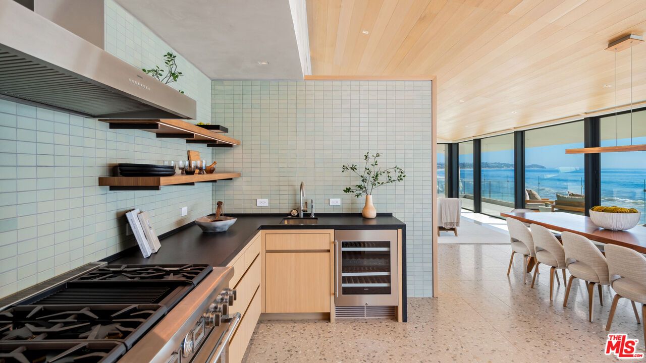 Dining room, Interior, Kitchen, Recessed Lighting, Stainless Steel Appliances, Water, Wooden Ceilings