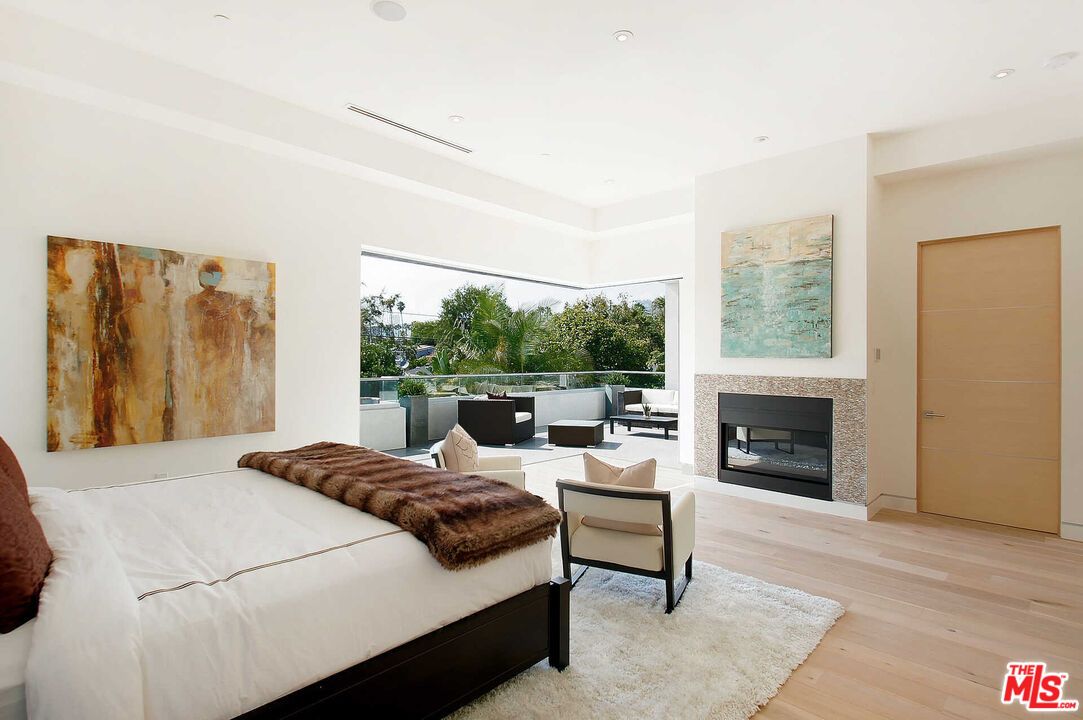 Bedroom, Fireplace, Interior, Living room, Recessed Lighting, Wood Texture Flooring
