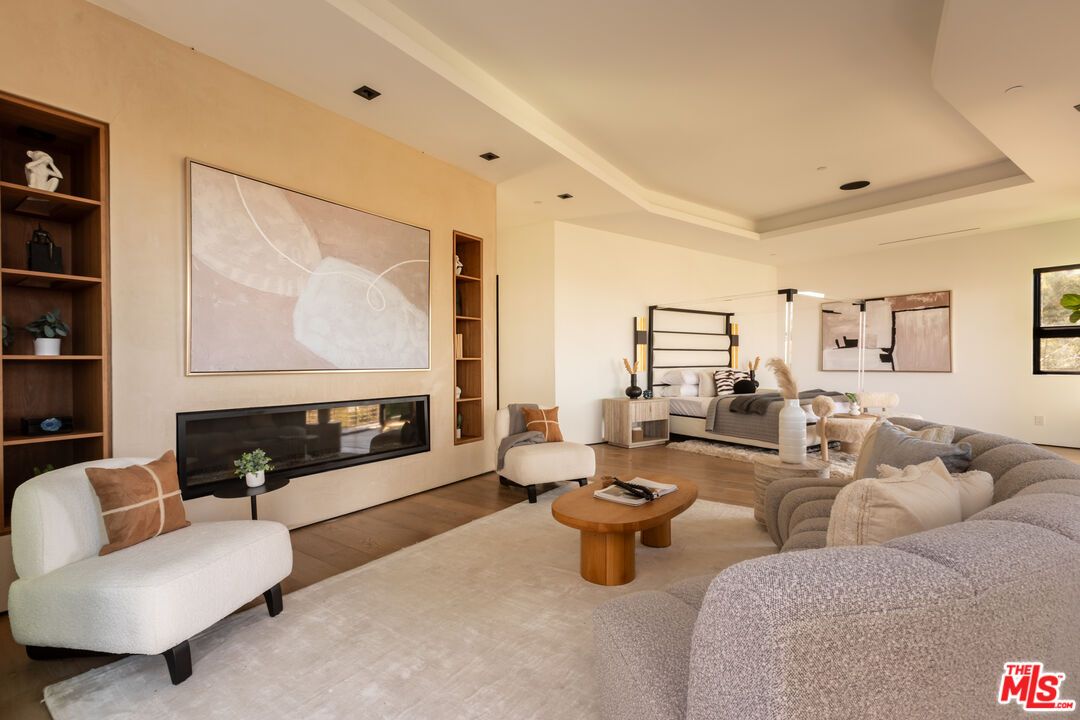 Bedroom, Fireplace, Interior, Living room, Recessed Lighting, Wood Texture Flooring