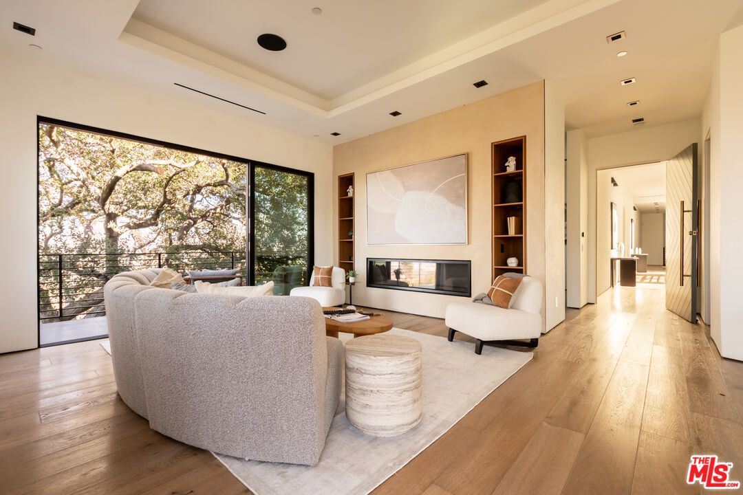 Fireplace, Interior, Living room, Recessed Lighting, Wood Texture Flooring