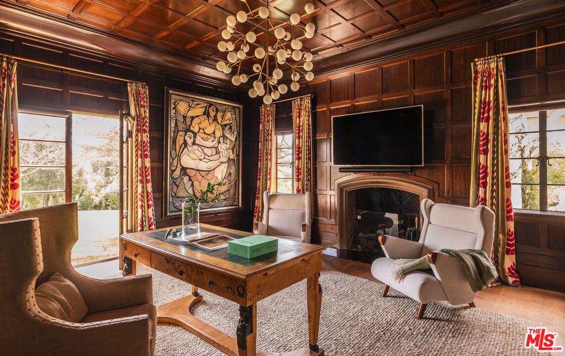 Chandelier, Fireplace, Home Office, Interior, Wooden Ceilings, Wood Texture Flooring, Wooden Walls