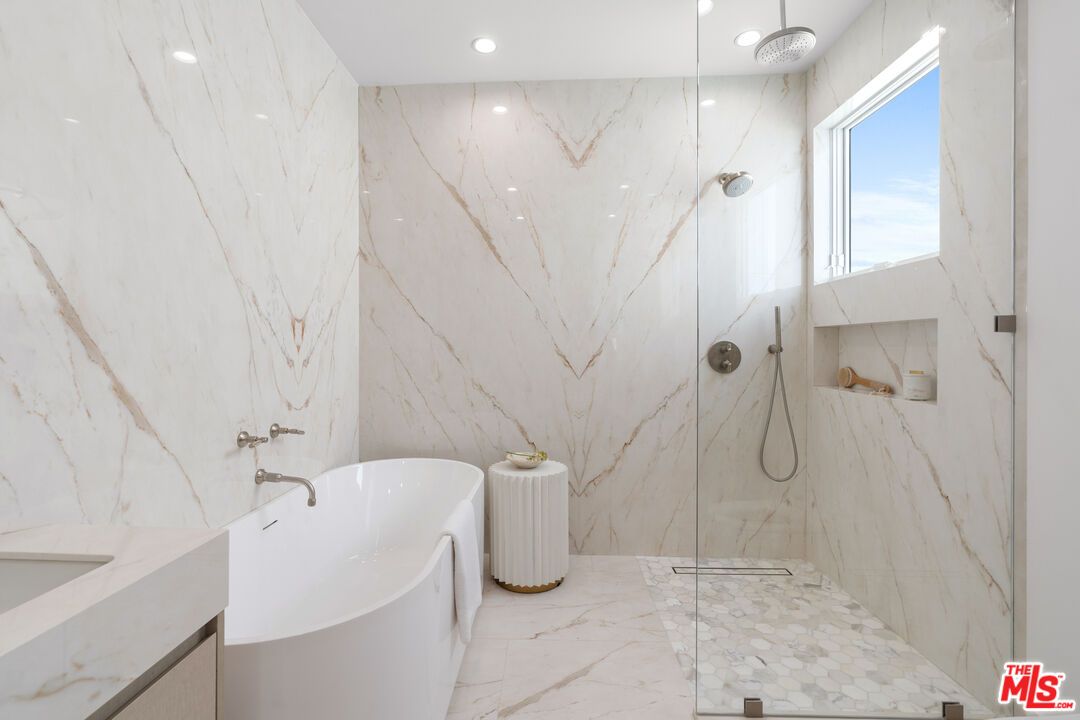 Bathroom, Free Standing Baths, Glass Shower, Interior, Marble, Marble Walls, Recessed Lighting