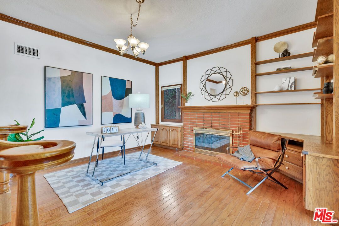 Chandelier, Fireplace, Home Office, Interior, Wood Texture Flooring