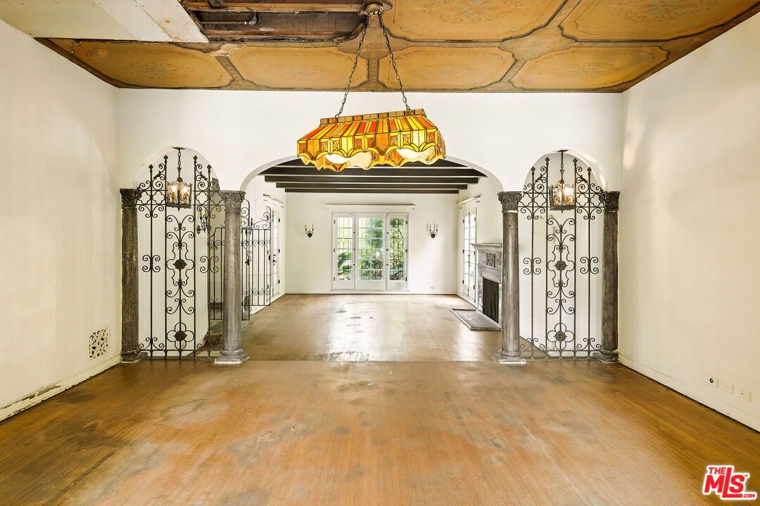 Chandelier, Fireplace, Interior, Wooden Beams, Wood Texture Flooring
