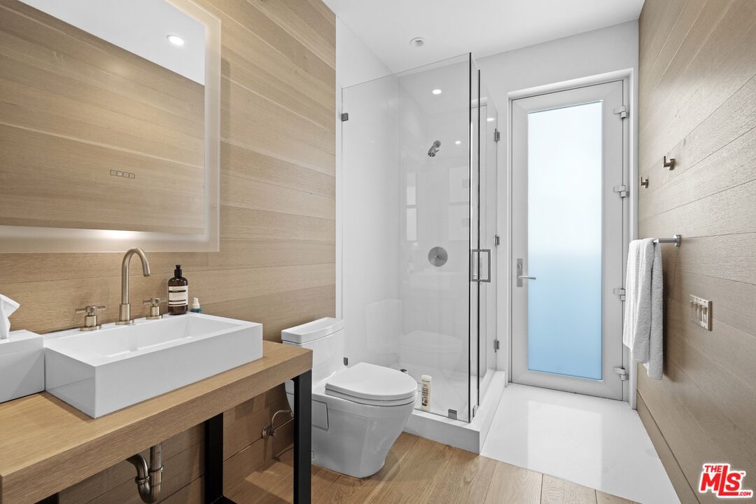 Bathroom, Glass Shower, Interior, Recessed Lighting, Wood Texture Flooring