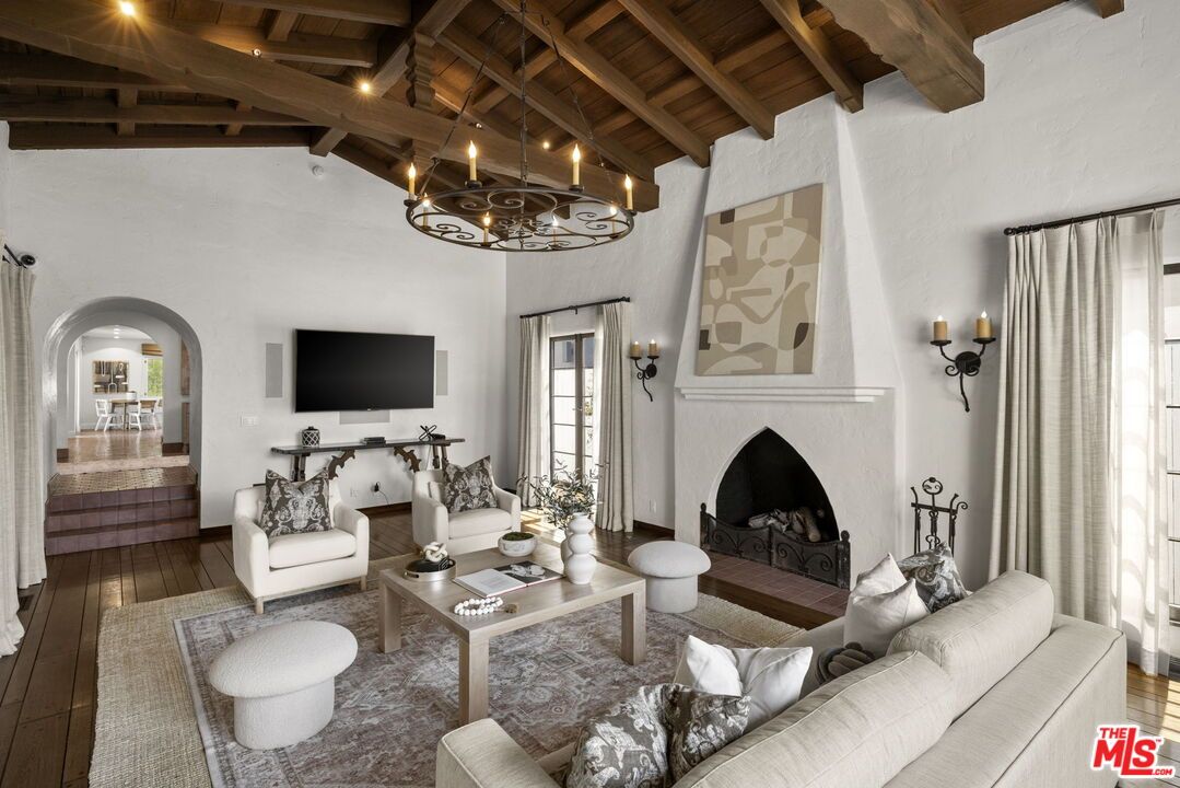 Chandelier, Fireplace, Interior, Living room, Wooden Beams, Wooden Ceilings, Wood Texture Flooring
