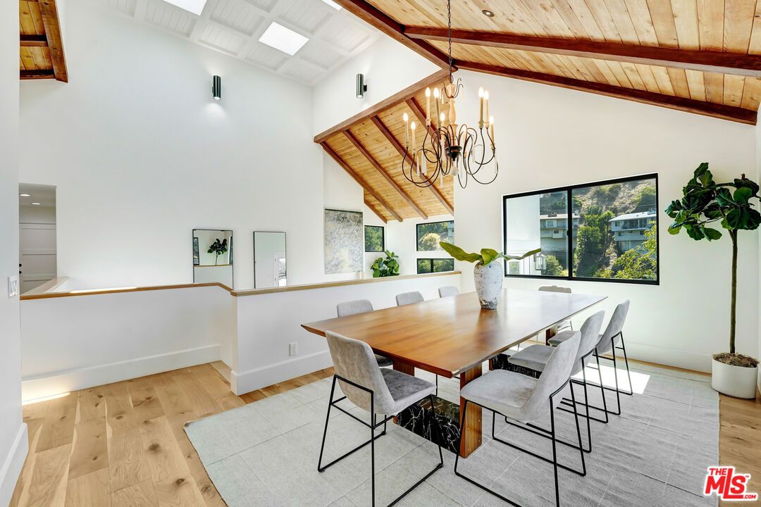 Chandelier, Dining room, Interior, Wooden Beams, Wooden Ceilings, Wood Texture Flooring