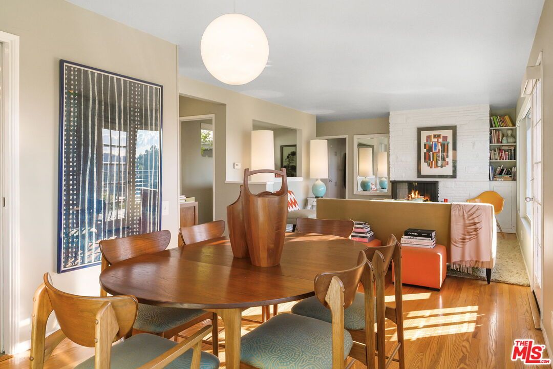 Dining room, Fireplace, Interior, Living room, Pendant Lights, Wood Texture Flooring
