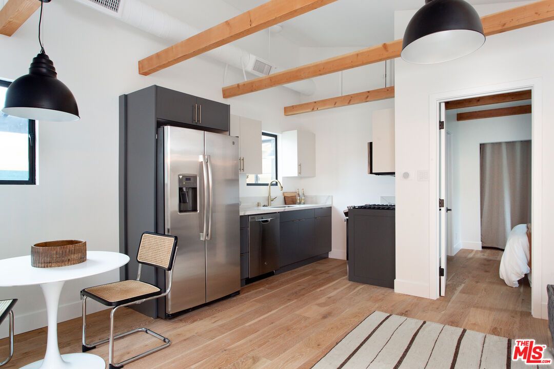 Interior, Kitchen, Pendant Lights, Stainless Steel Appliances, Wooden Beams, Wood Texture Flooring