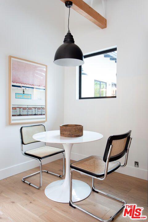 Dining room, Interior, Pendant Lights, Wood Texture Flooring