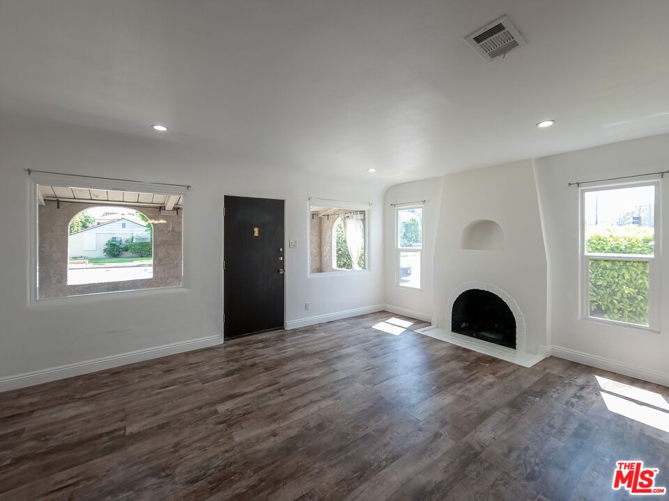 Empty room, Fireplace, Interior, Recessed Lighting, Wood Texture Flooring
