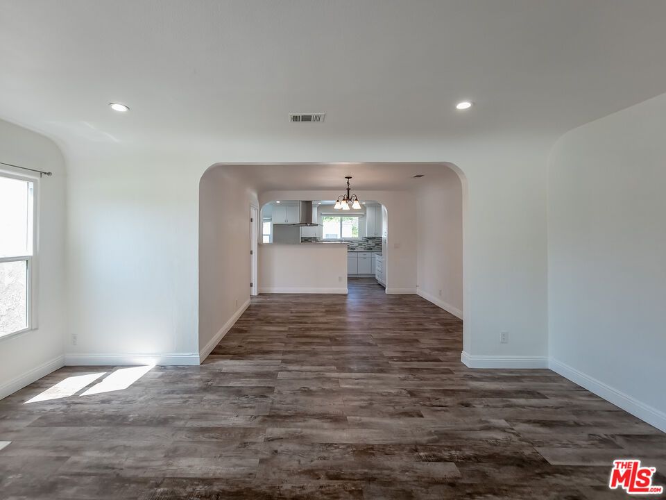 Chandelier, Empty room, Interior, Kitchen, Recessed Lighting, Wood Texture Flooring