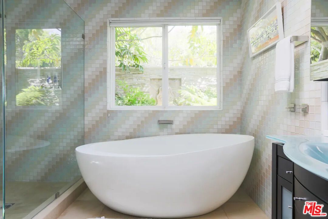 Bathroom, Free Standing Baths, Glass Shower, Interior, Stone Walls