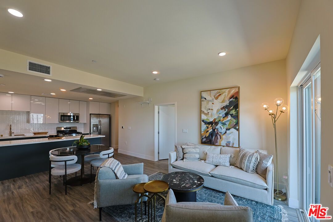 Interior, Kitchen, Living room, Recessed Lighting, Stainless Steel Appliances, Wood Texture Flooring