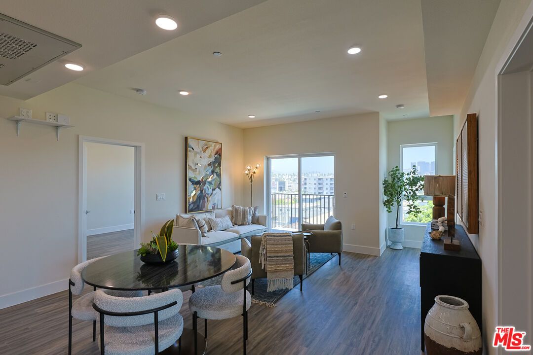 Dining room, Interior, Living room, Recessed Lighting, Wood Texture Flooring