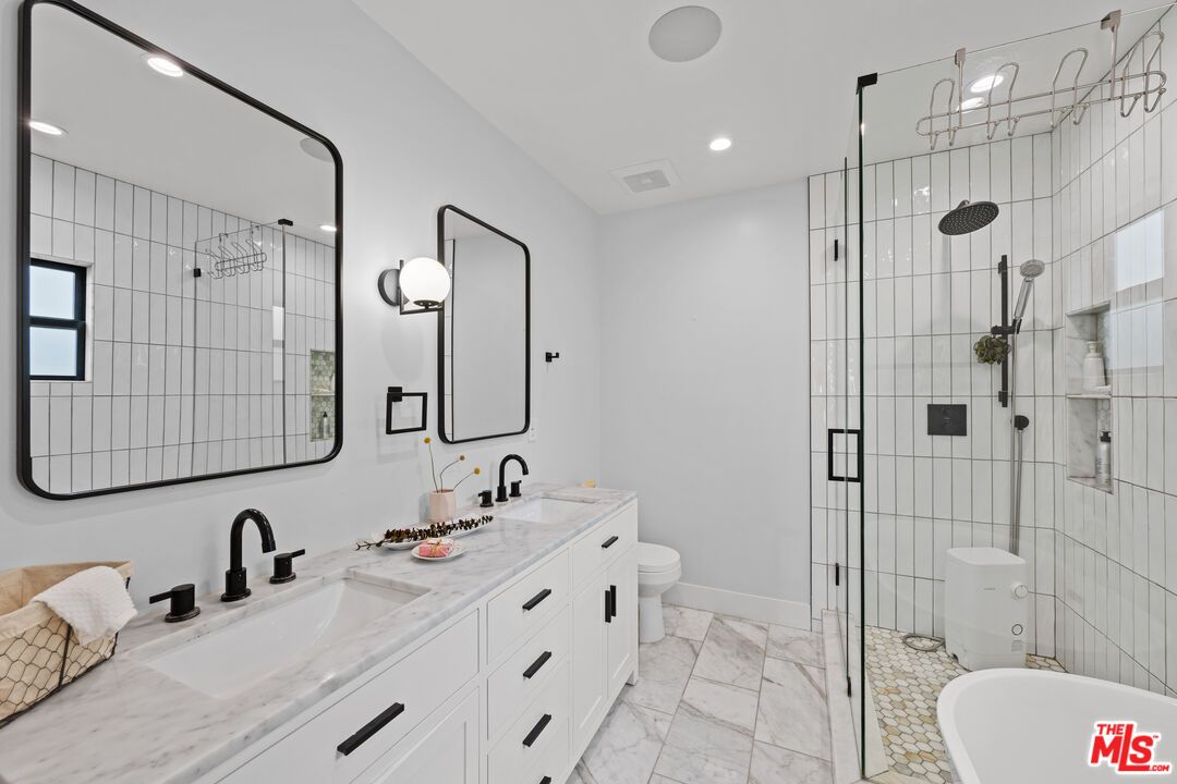Bathroom, Dual Sink Vanities, Glass Shower, Interior, Marble, Recessed Lighting