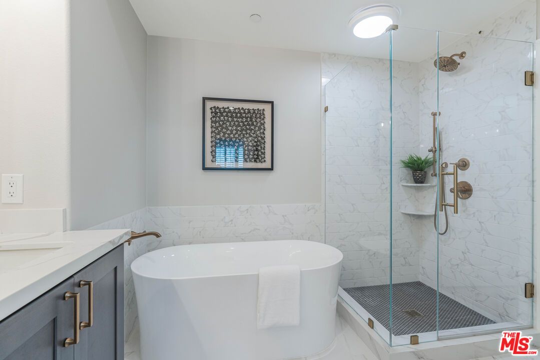 Bathroom, Free Standing Baths, Glass Shower, Interior, Marble Walls