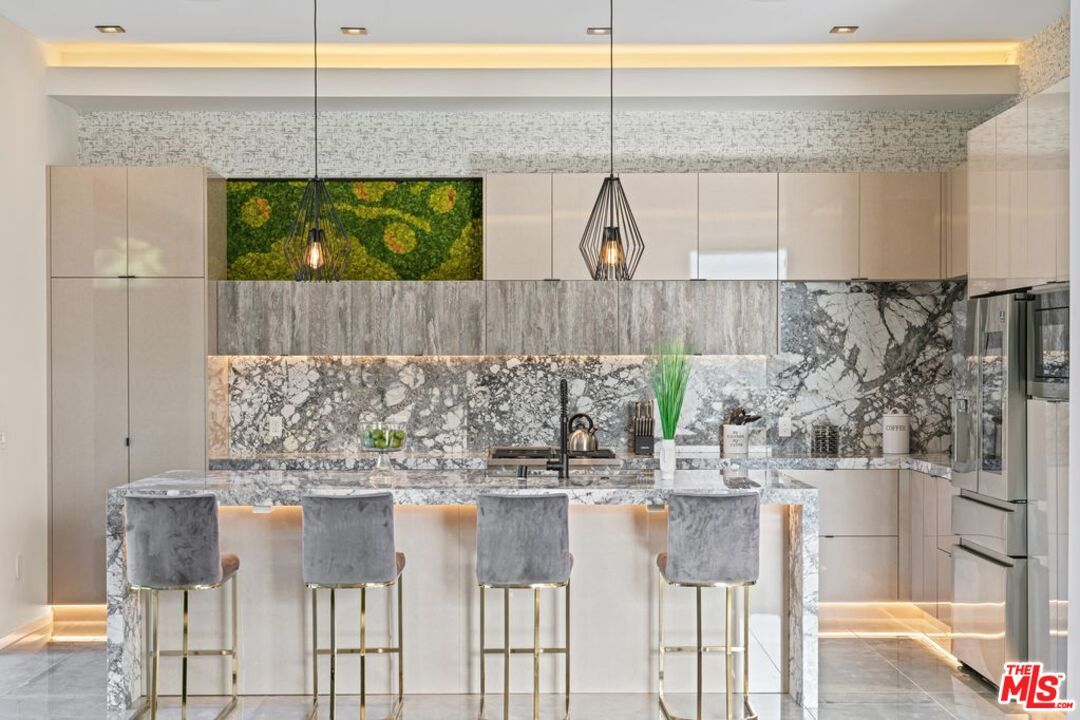 Interior, Kitchen, Marble Walls, Pendant Lights, Recessed Lighting