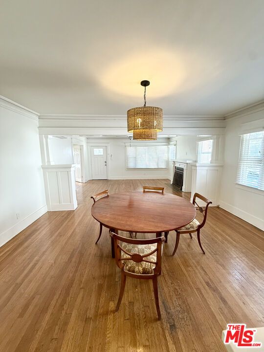 Chandelier, Dining room, Interior, Wood Texture Flooring