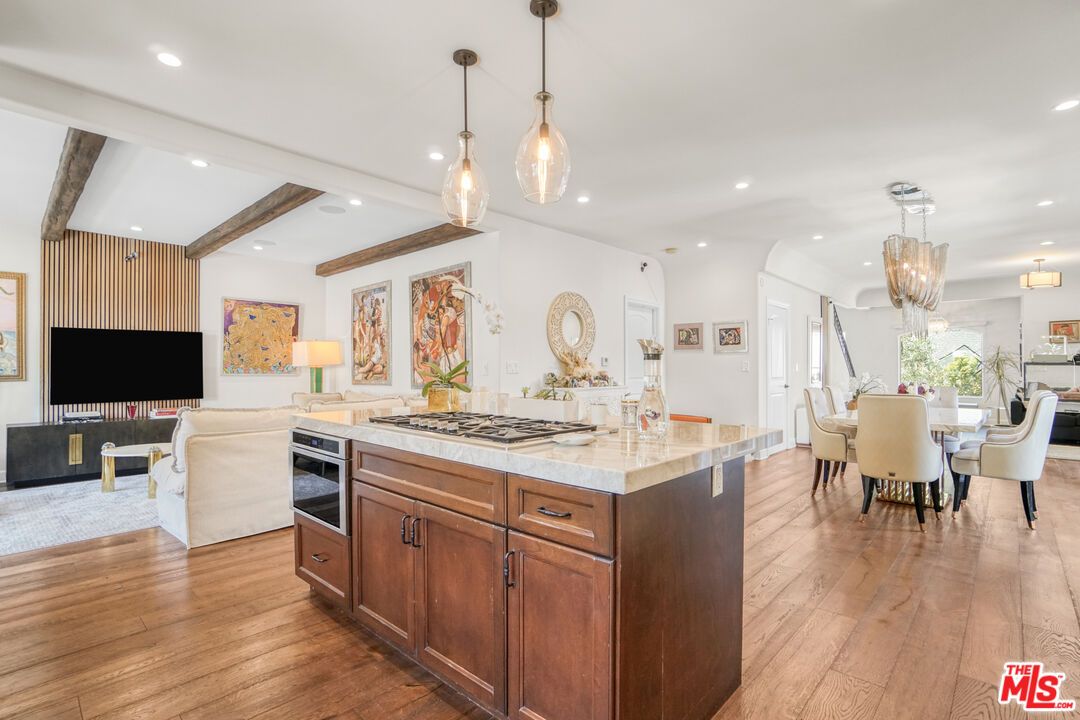 Chandelier, Dining room, Interior, Kitchen, Living room, Pendant Lights, Recessed Lighting, Wooden Beams, Wood Texture Flooring