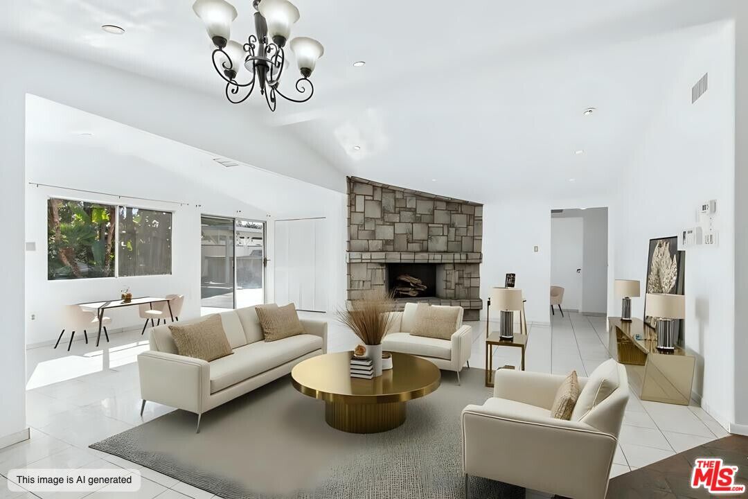 Chandelier, Dining room, Fireplace, Interior, Living room, Recessed Lighting, Stone Walls