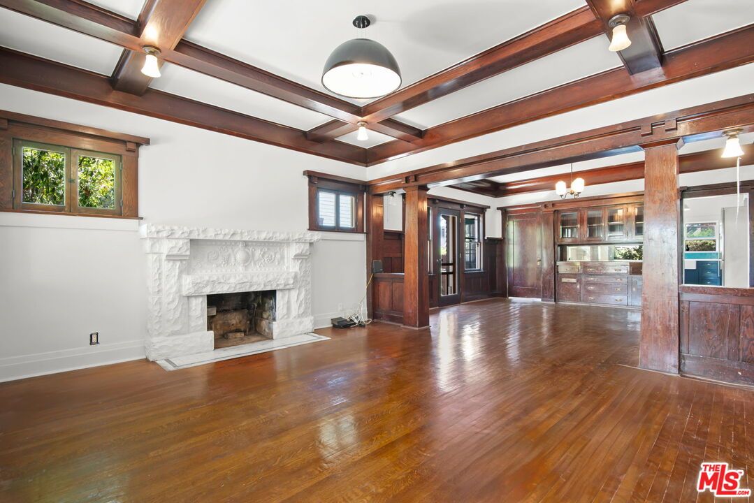 Empty room, Fireplace, Interior, Wooden Beams, Wood Texture Flooring