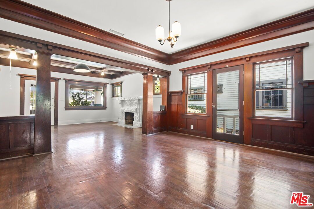 Empty room, Fireplace, Interior, Pendant Lights, Wood Texture Flooring