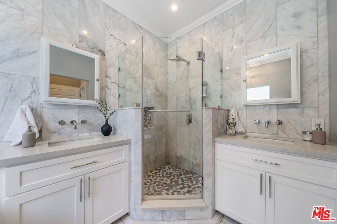 Bathroom, Glass Shower, Interior, Marble Walls, Recessed Lighting