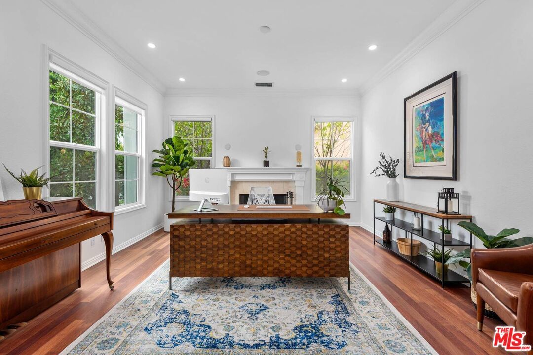 Fireplace, Home Office, Interior, Recessed Lighting, Wood Texture Flooring