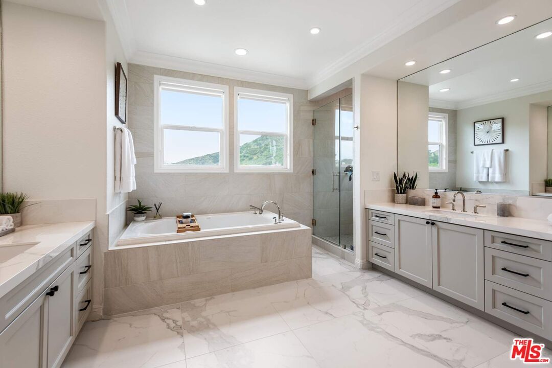 Bathroom, Dual Sink Vanities, Glass Shower, Interior, Marble, Recessed Lighting