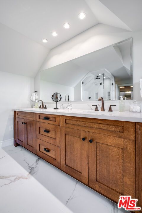 Bathroom, Dual Sink Vanities, Interior, Marble, Recessed Lighting