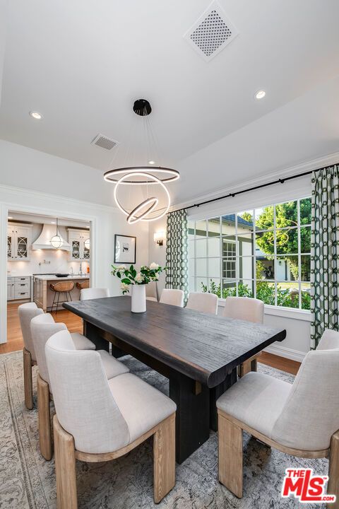 Dining room, Interior, Pendant Lights, Recessed Lighting, Wood Texture Flooring