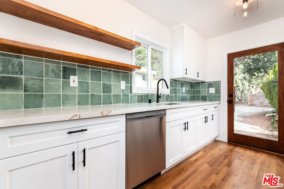 Interior, Kitchen, Tile Countertops, Wood Texture Flooring