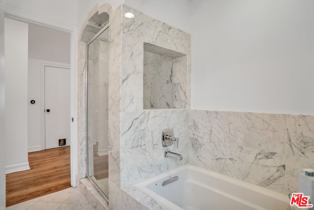 Bathroom, Interior, Marble, Marble Walls, Recessed Lighting, Wood Texture Flooring
