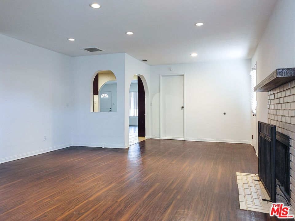 Empty room, Fireplace, Interior, Recessed Lighting, Wood Texture Flooring
