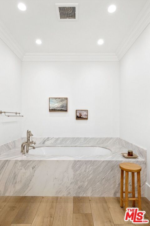 Bathroom, Interior, Marble, Recessed Lighting, Wood Texture Flooring