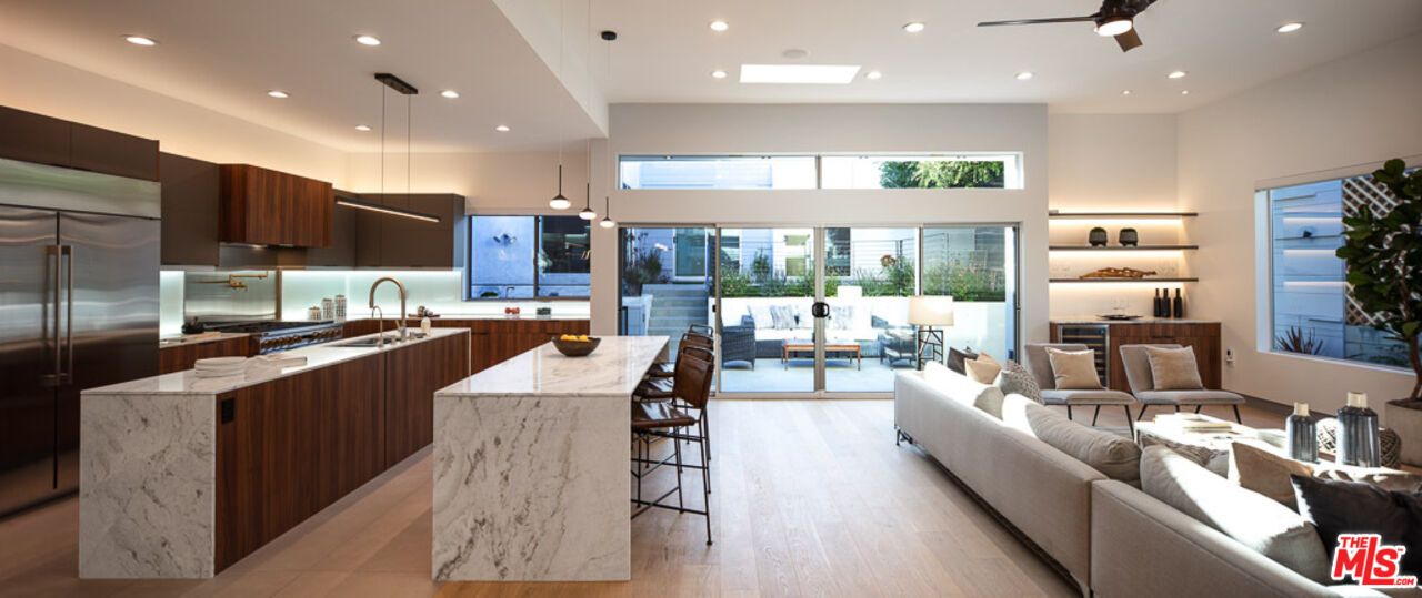 Interior, Kitchen, Living room, Pendant Lights, Recessed Lighting, Stainless Steel Appliances, Water, Wood Texture Flooring