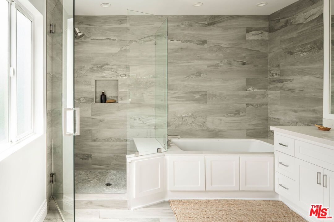 Bathroom, Glass Shower, Interior, Marble Walls, Recessed Lighting