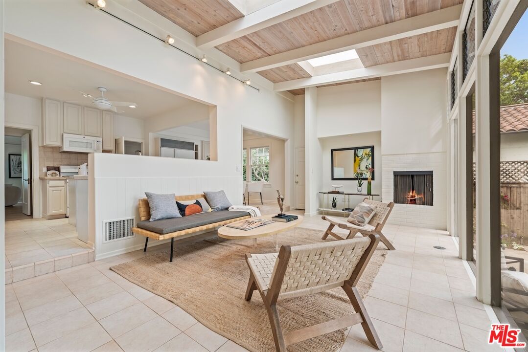 Fireplace, Interior, Kitchen, Living room, Recessed Lighting, Wooden Ceilings
