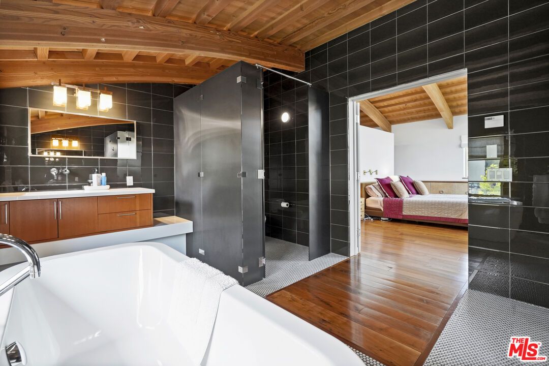 Bathroom, Free Standing Baths, Glass Shower, Interior, Wooden Beams, Wooden Ceilings, Wood Texture Flooring