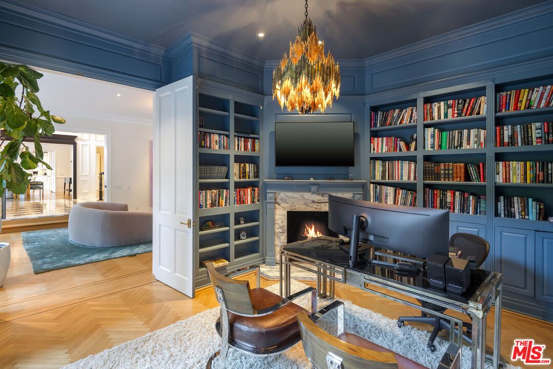 Chandelier, Fireplace, Home Office, Interior, Recessed Lighting, Wood Texture Flooring