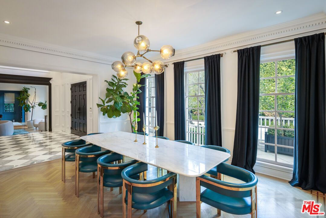 Dining room, Interior, Pendant Lights, Recessed Lighting, Wood Texture Flooring