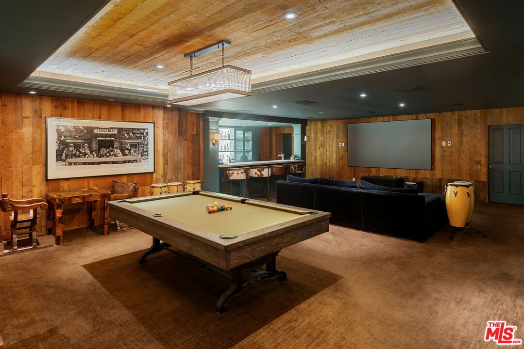 Billiard Table, Game Room, Interior, Living room, Recessed Lighting, Wooden Ceilings, Wooden Walls