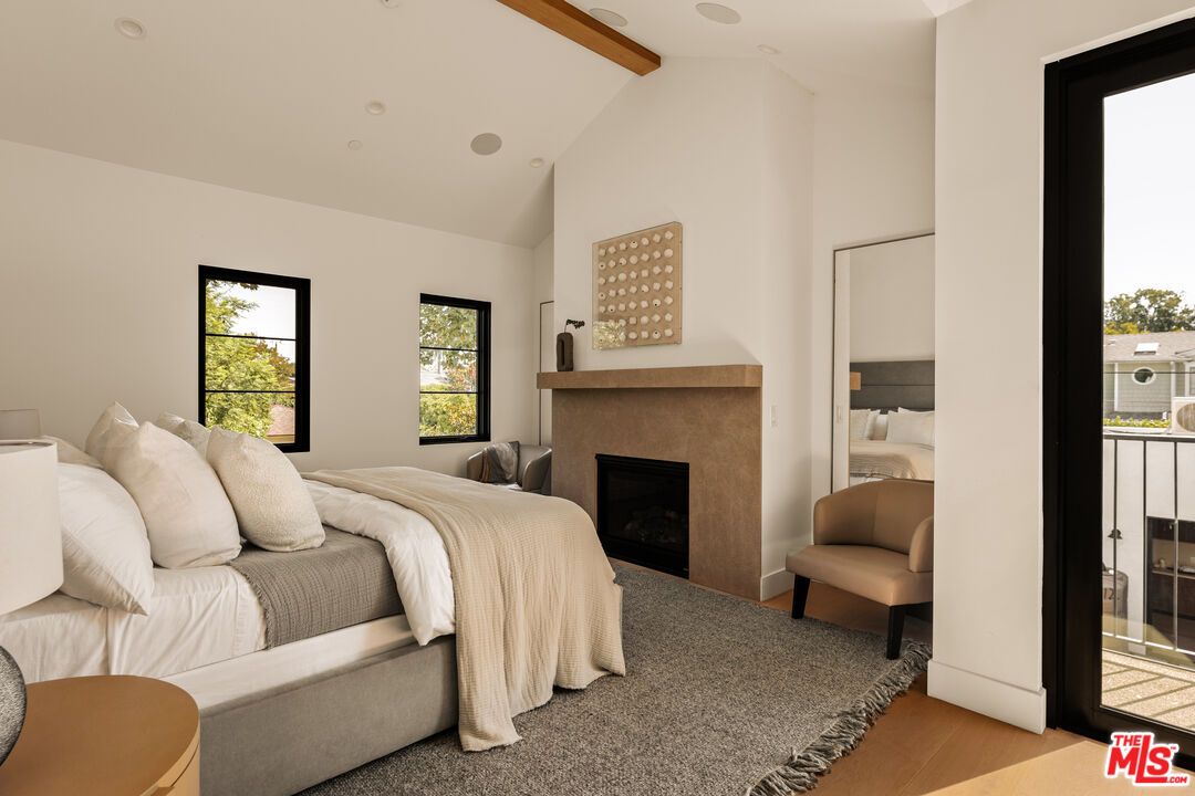 Bedroom, Fireplace, Interior, Recessed Lighting, Wooden Beams, Wood Texture Flooring
