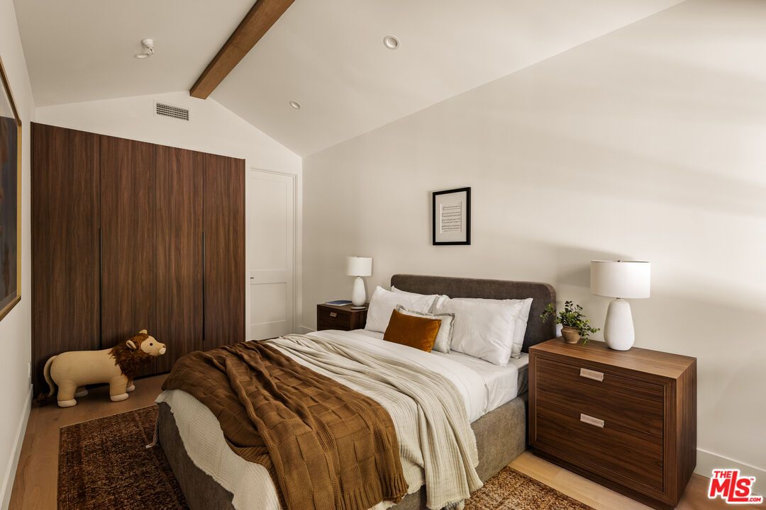 Bedroom, Interior, Recessed Lighting, Wooden Beams, Wood Texture Flooring