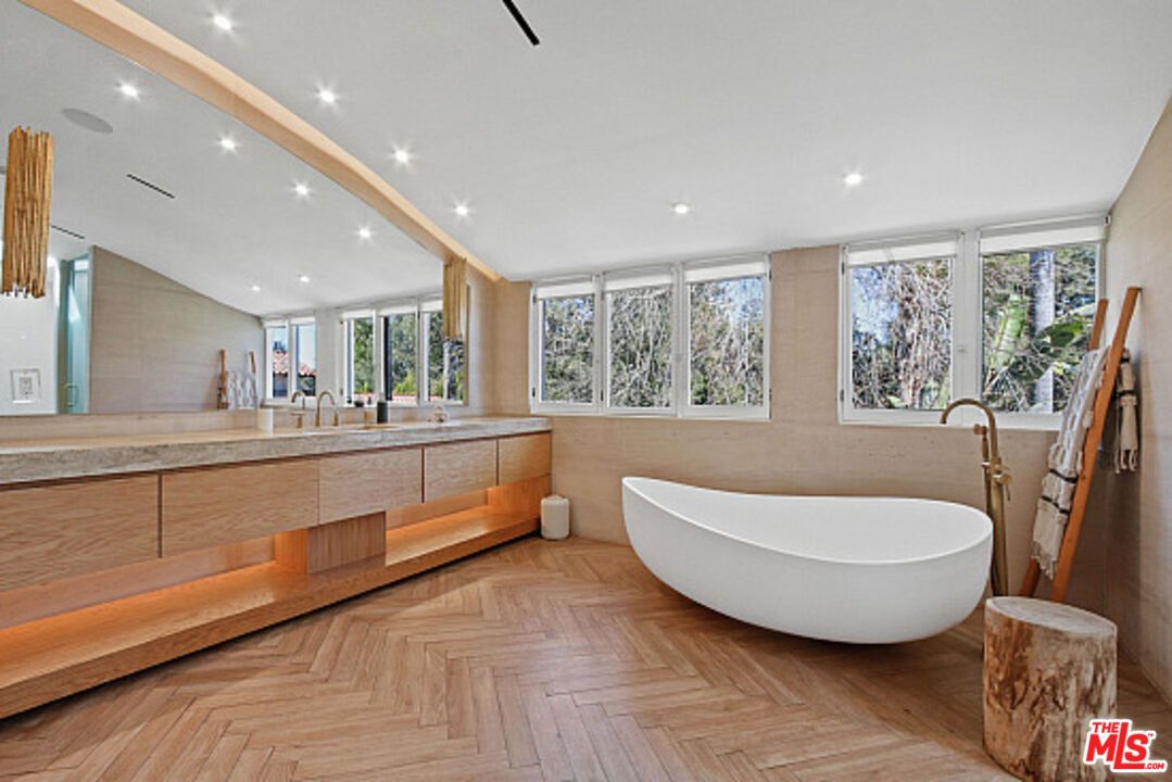 Bathroom, Dual Sink Vanities, Free Standing Baths, Interior, Recessed Lighting, Wood Texture Flooring