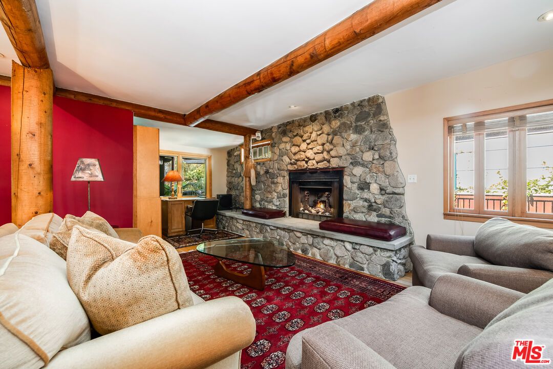 Fireplace, Interior, Living room, Recessed Lighting, Stone Walls, Wooden Beams