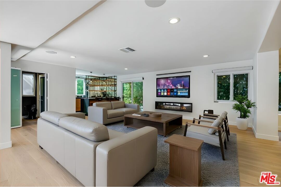 Fireplace, Interior, Living room, Recessed Lighting, Wood Texture Flooring
