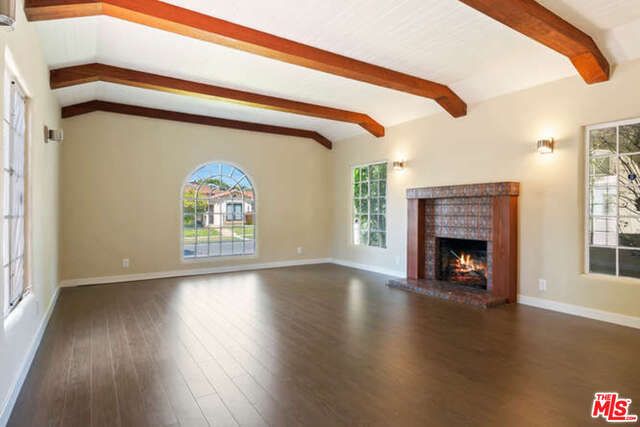 Empty room, Fireplace, Interior, Wooden Beams, Wood Texture Flooring